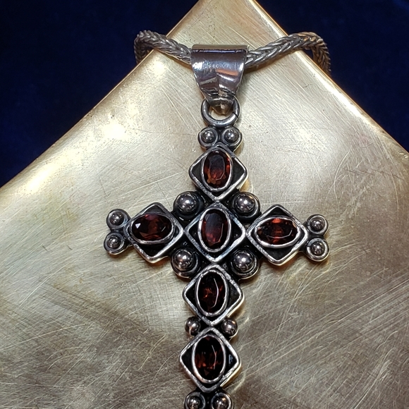 Sterling Silver Ornate Garnet Cross Necklace - Picture 4 of 16